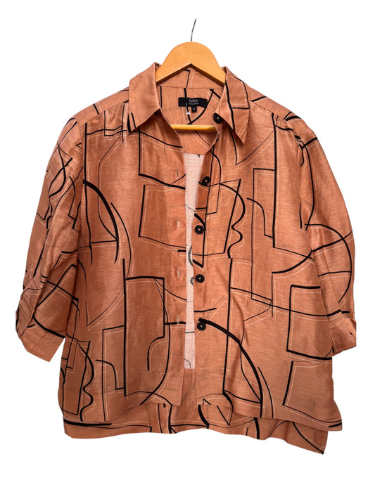 SABA Brown Printed Linen-Silk Short Sleeve Button Down Shirt