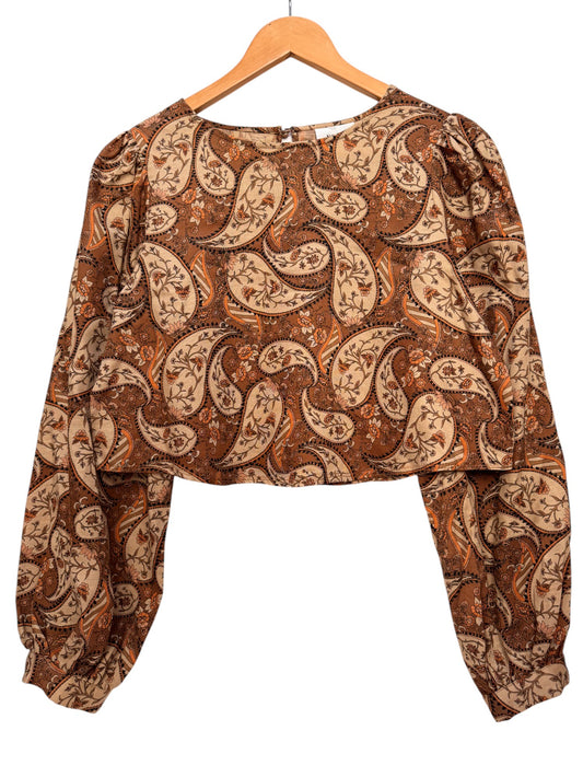 Seed Heritage Brown Paisley Print Linen-Lyocell Bishop Sleeve Top