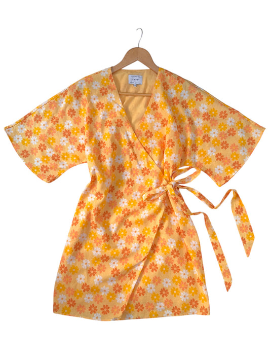 Sabo Yellow Floral Mini Dress – V-Neck Kimono Wrap Style in Linen Texture