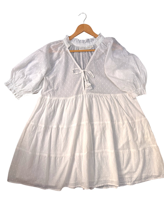 Saffron Lane White Cotton Summer Dress – Puffed Sleeves & Knee Length