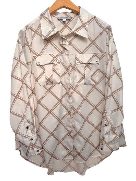 White Office Top with Beige Chain Print – Vintage Inspired Elegant Long Sleeves
