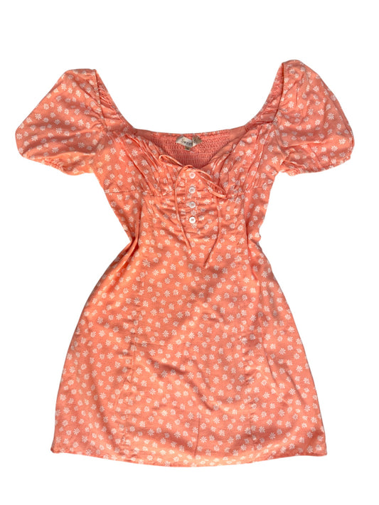 Pink Cotton Floral Minidress – Sweetheart Neckline & Puffed Sleeves