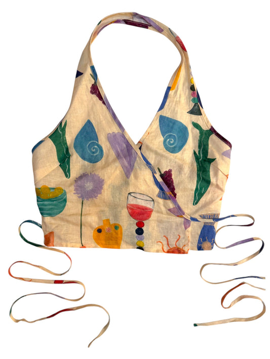 Linen Coastal Print Halter Wrap Top
