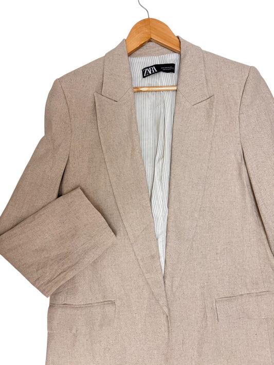 Sandy Beige Single-Breasted Long Blazer in Linen Texture | Oversized Fit