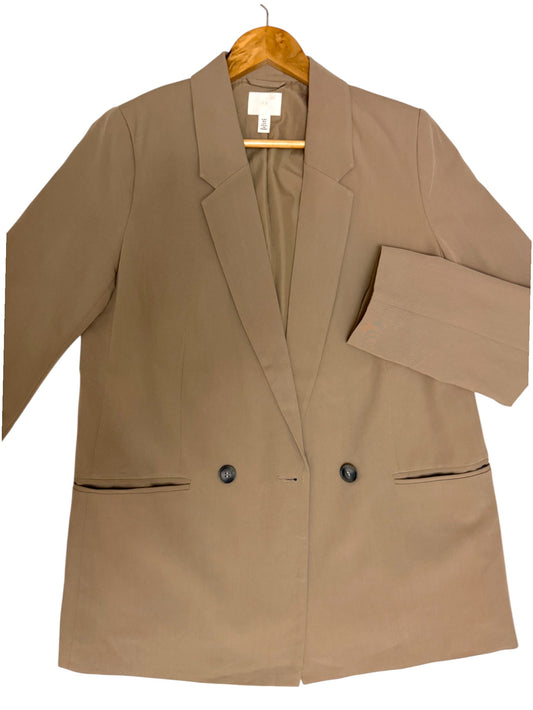 Taupe Double-Breasted Structured Blazer | Oversized Fit, Longline Cut