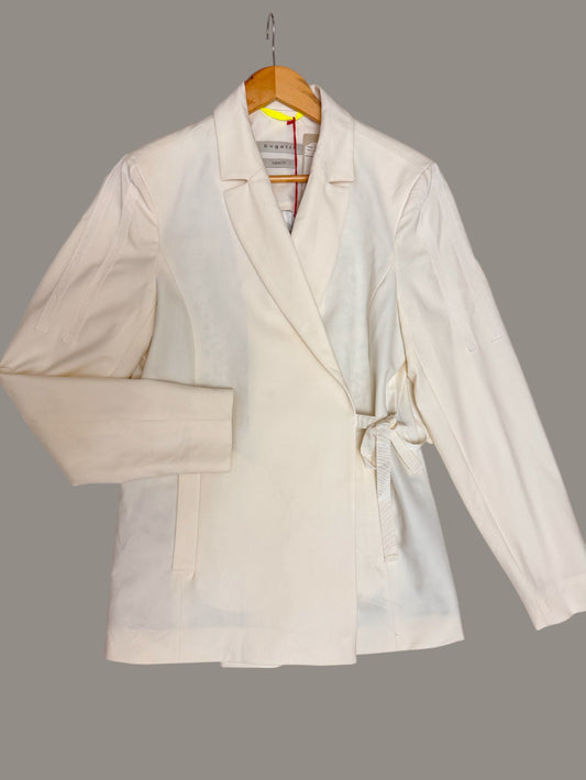 White Wrap Style Long Blazer with Side Tie | Elegant & Timeless
