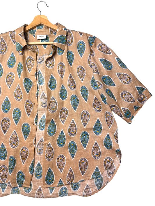 Sussan Brown Paisley Print Linen Short Sleeve Button Down Shirt