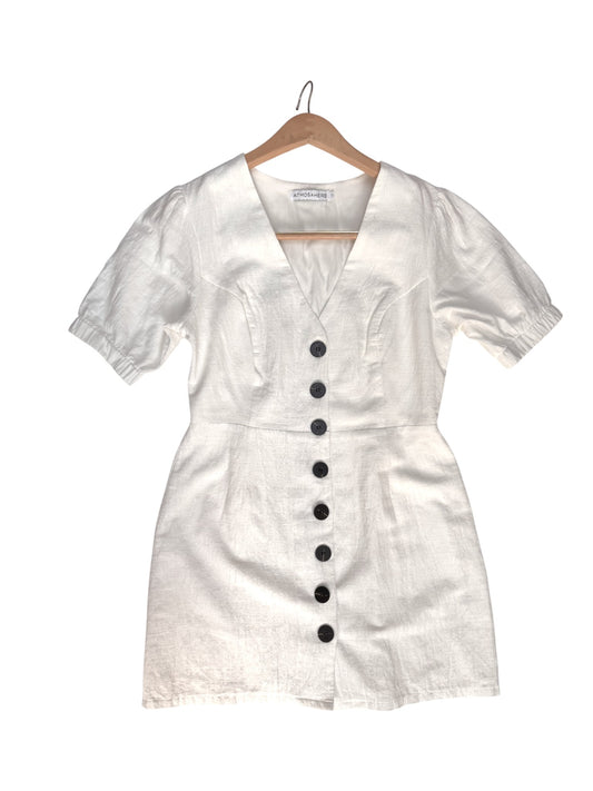 White Button Down Mini Dress | Linen-Textured Cotton V-Neck Summer Dress