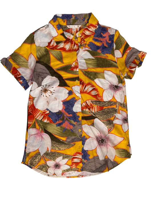 Noni B Yellow Floral Linen Blend Button-Down Shirt – Short Sleeve Summer Top