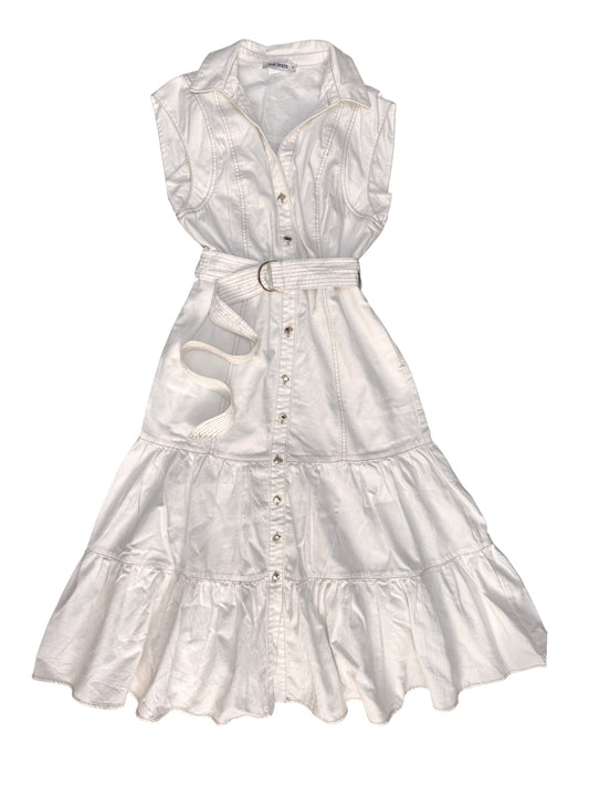 Light Denim Cotton Tiered Midi Dress with Belt | Sleeveless Collared Summer Dress