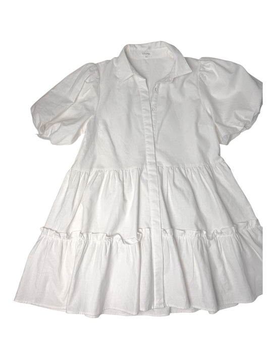 White Linen-Blend Tiered Mini Dress | Puffed Sleeve Babydoll Dress