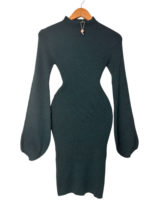 Dark Green Ribbed Knitted Bodycon Dress with Puffed Peasant Sleeves