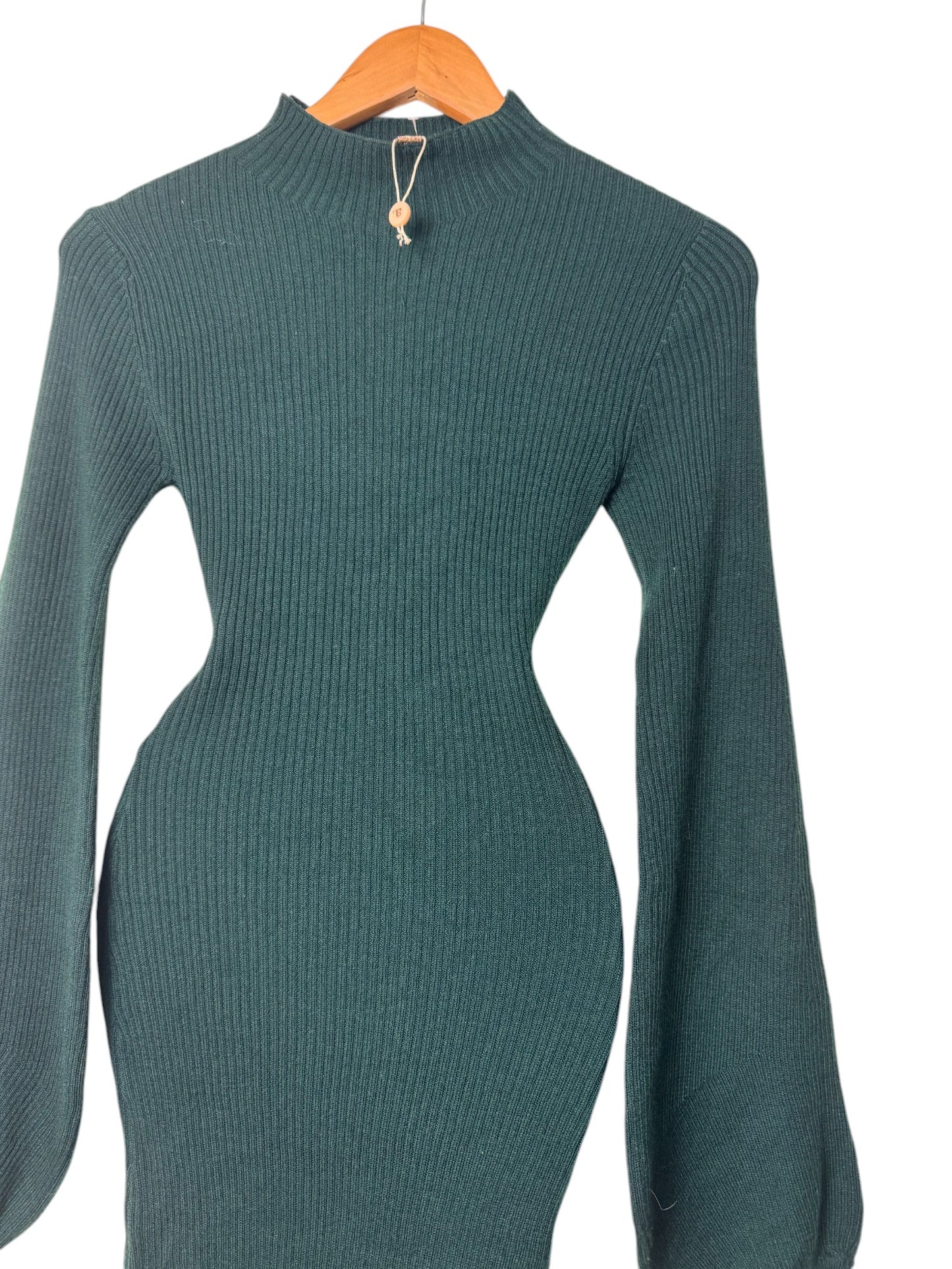 Dark Green Ribbed Knitted Bodycon Dress with Puffed Peasant Sleeves