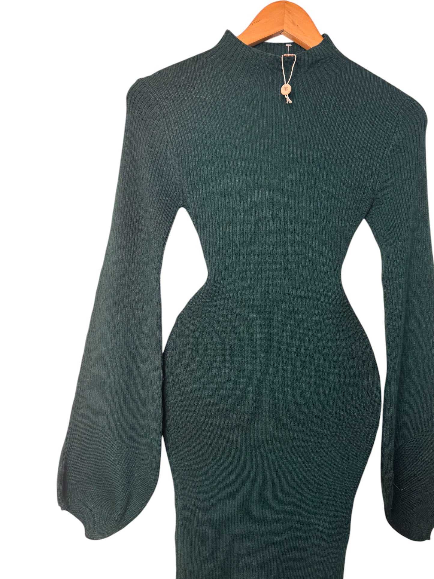 Dark Green Ribbed Knitted Bodycon Dress with Puffed Peasant Sleeves
