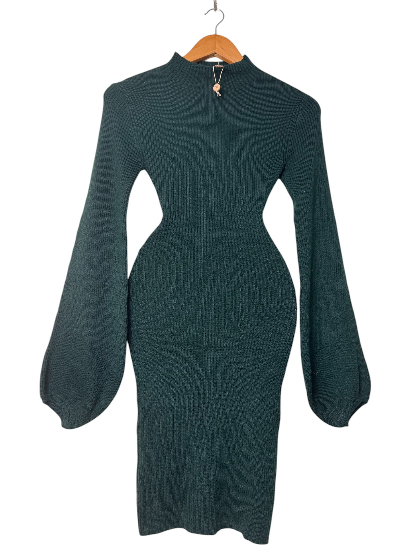 Dark Green Ribbed Knitted Bodycon Dress with Puffed Peasant Sleeves