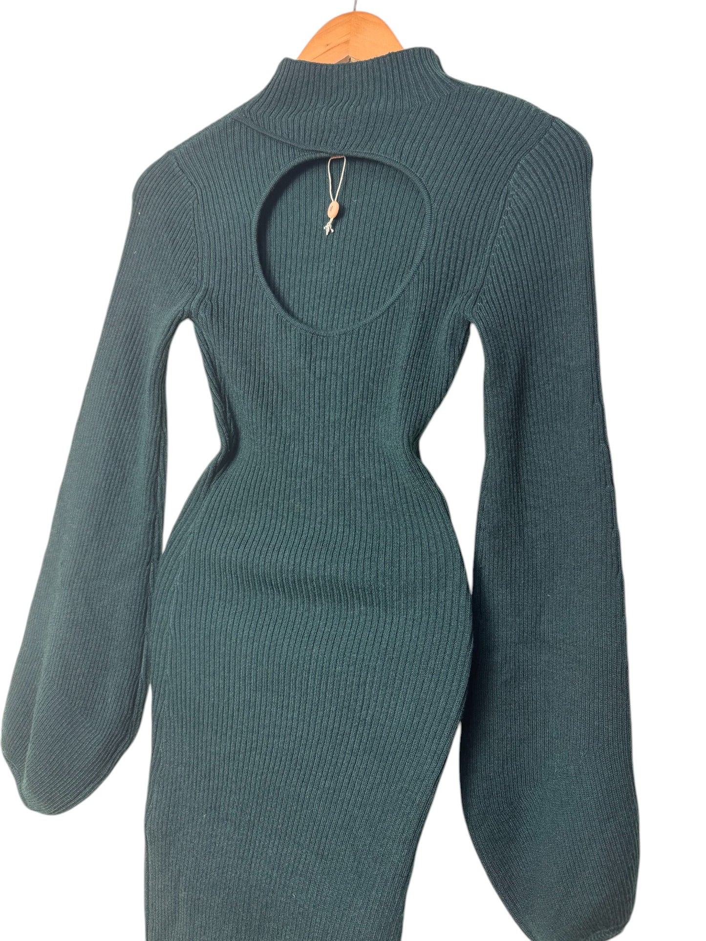 Dark Green Ribbed Knitted Bodycon Dress with Puffed Peasant Sleeves