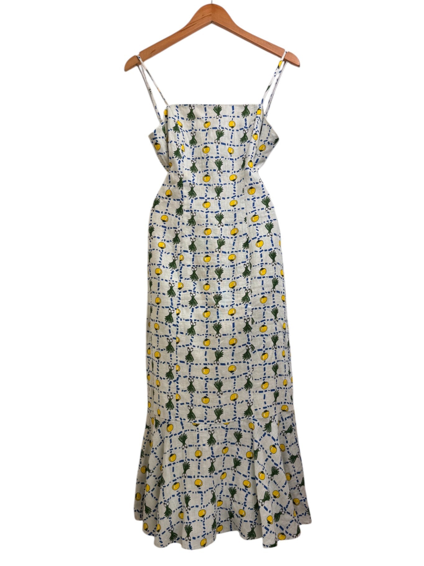 Staud Crudite Vegetable-Print Fishtail-Hem Linen Midi Dress