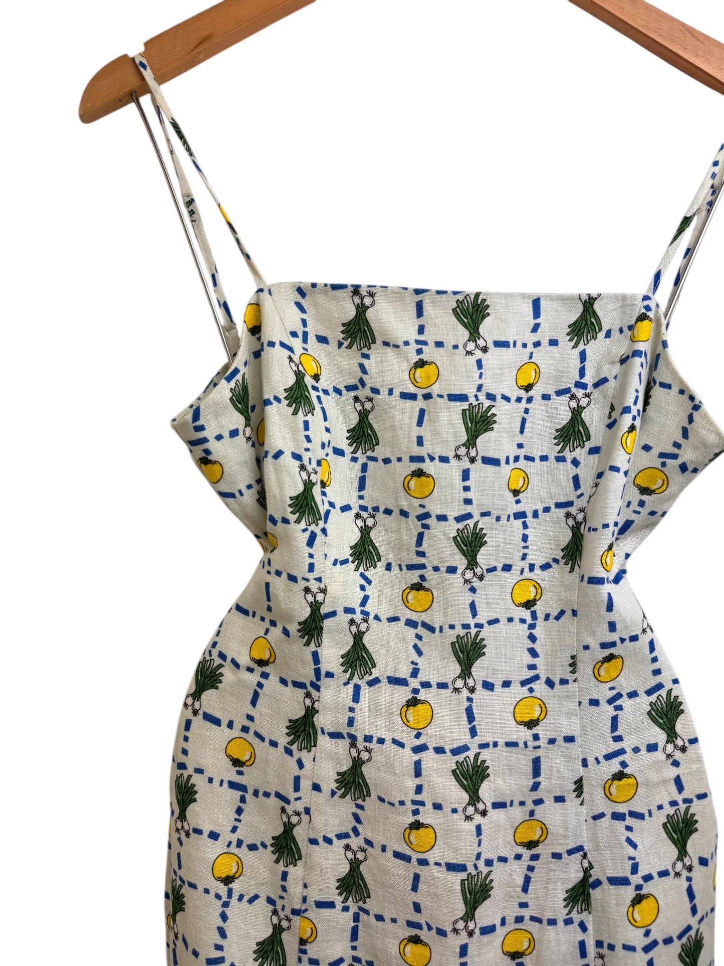 Staud Crudite Vegetable-Print Fishtail-Hem Linen Midi Dress