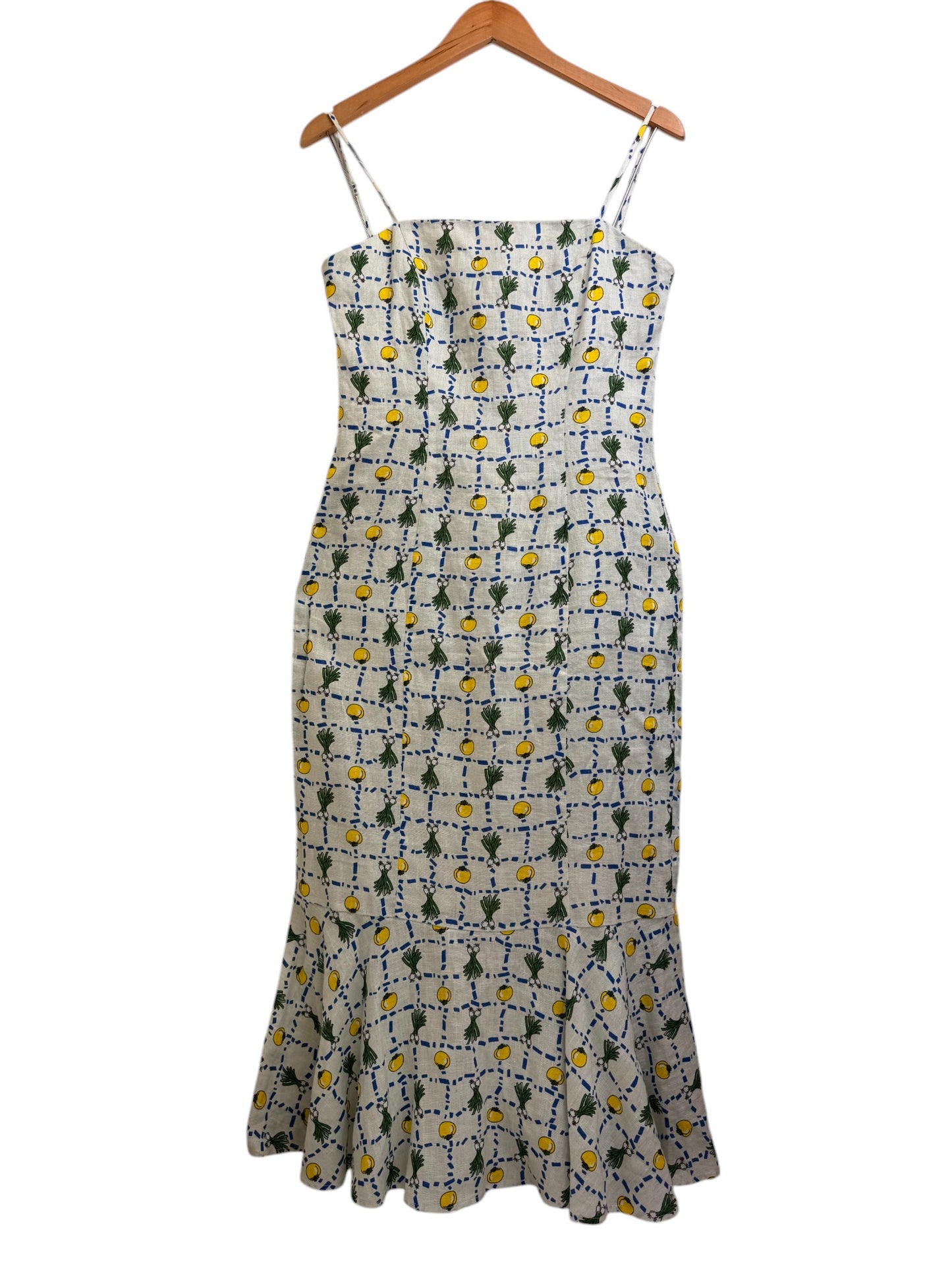 Staud Crudite Vegetable-Print Fishtail-Hem Linen Midi Dress