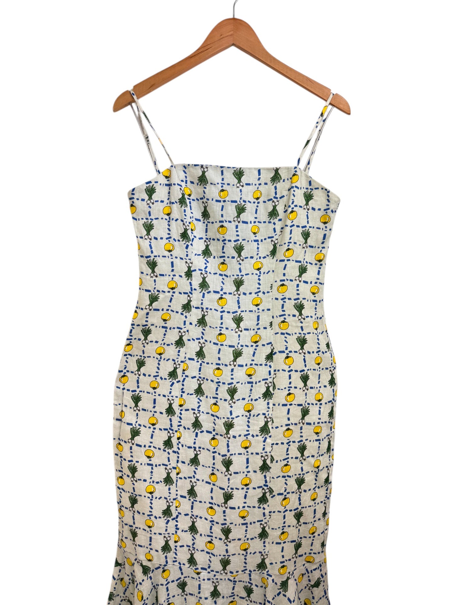 Staud Crudite Vegetable-Print Fishtail-Hem Linen Midi Dress