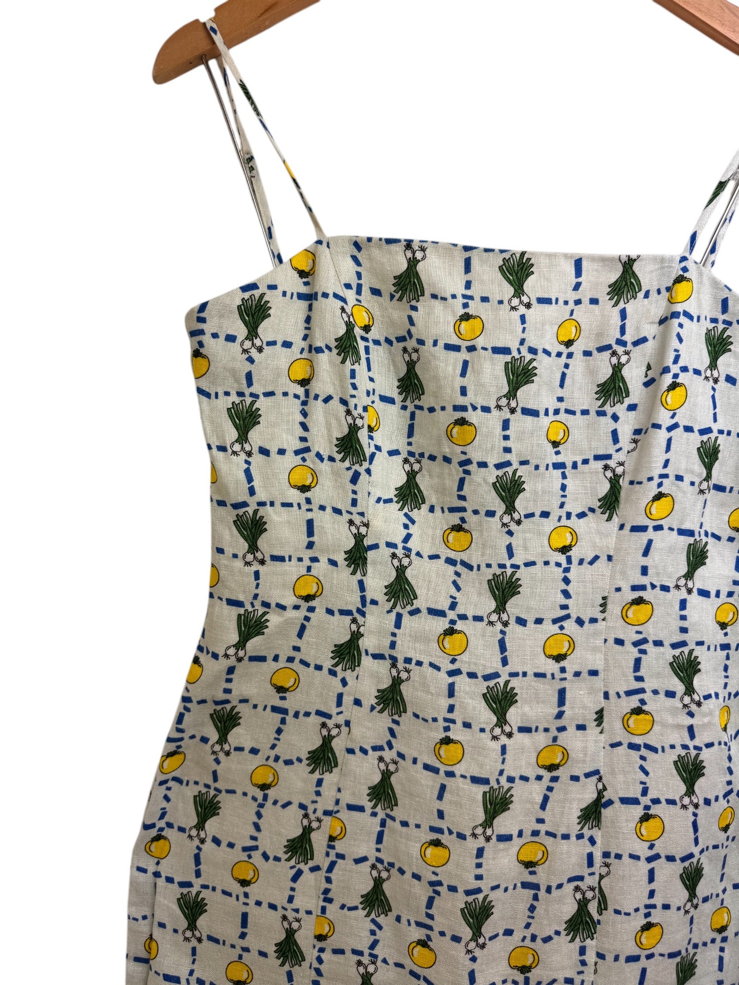 Staud Crudite Vegetable-Print Fishtail-Hem Linen Midi Dress