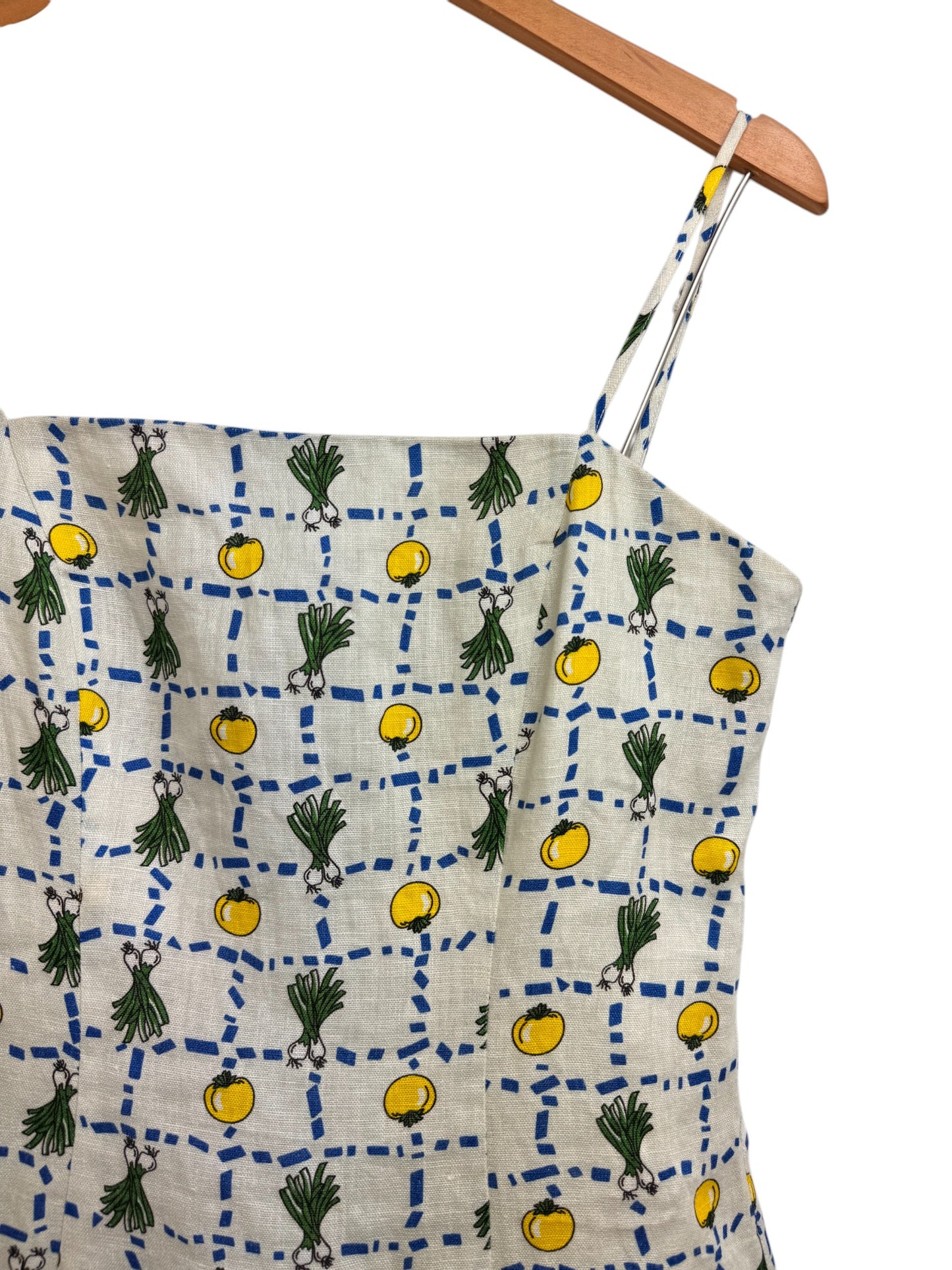Staud Crudite Vegetable-Print Fishtail-Hem Linen Midi Dress