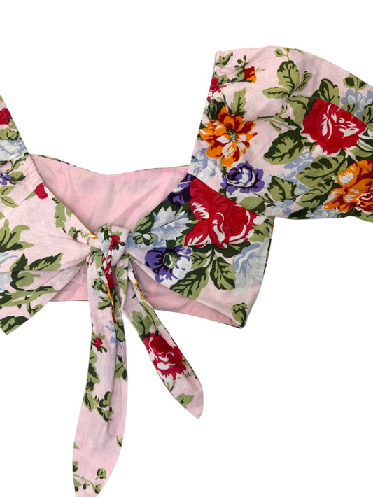 Nunui Front Tie Floral Cropped Top – Romantic Puff Sleeves