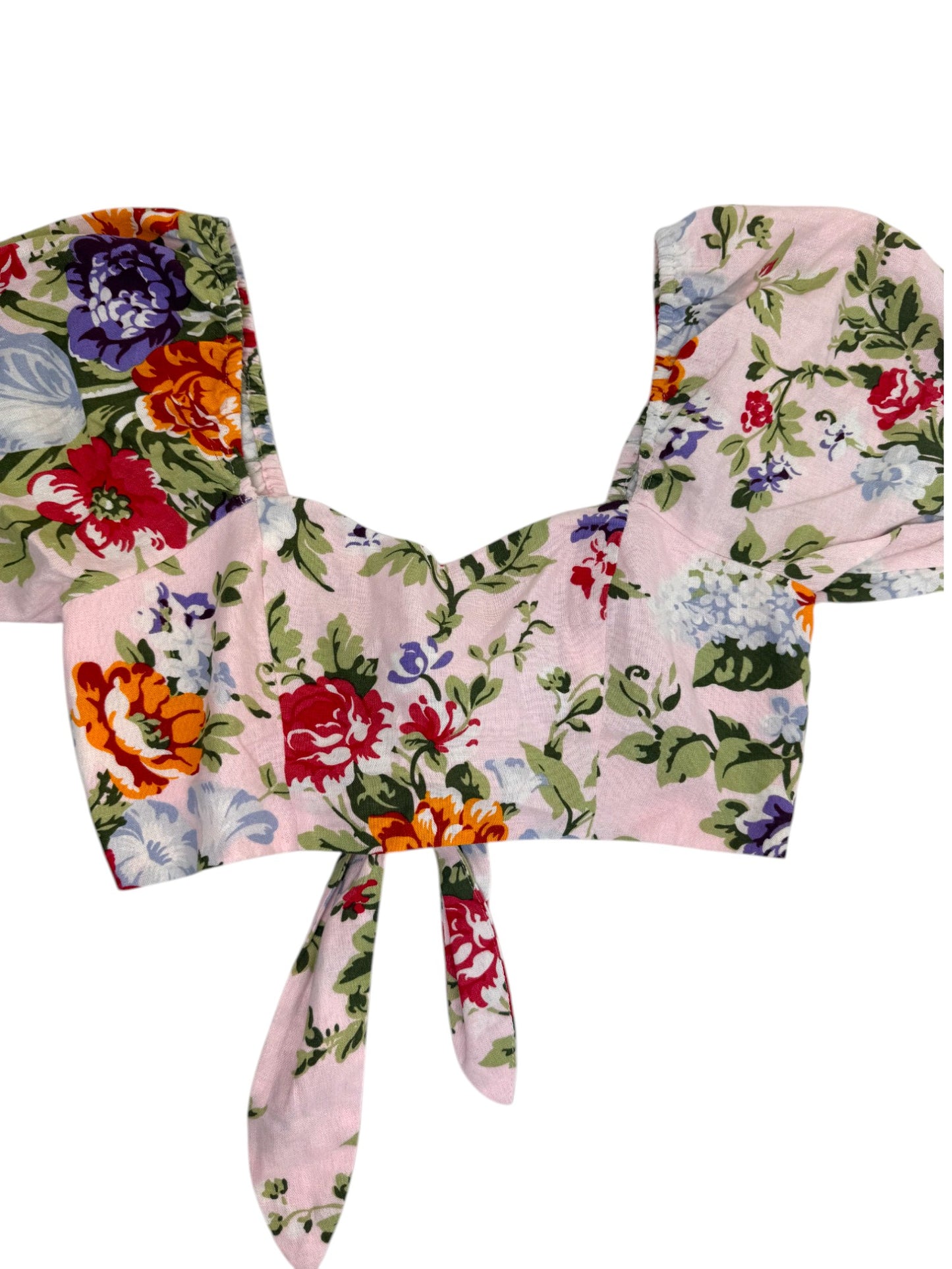Nunui Front Tie Floral Cropped Top – Romantic Puff Sleeves