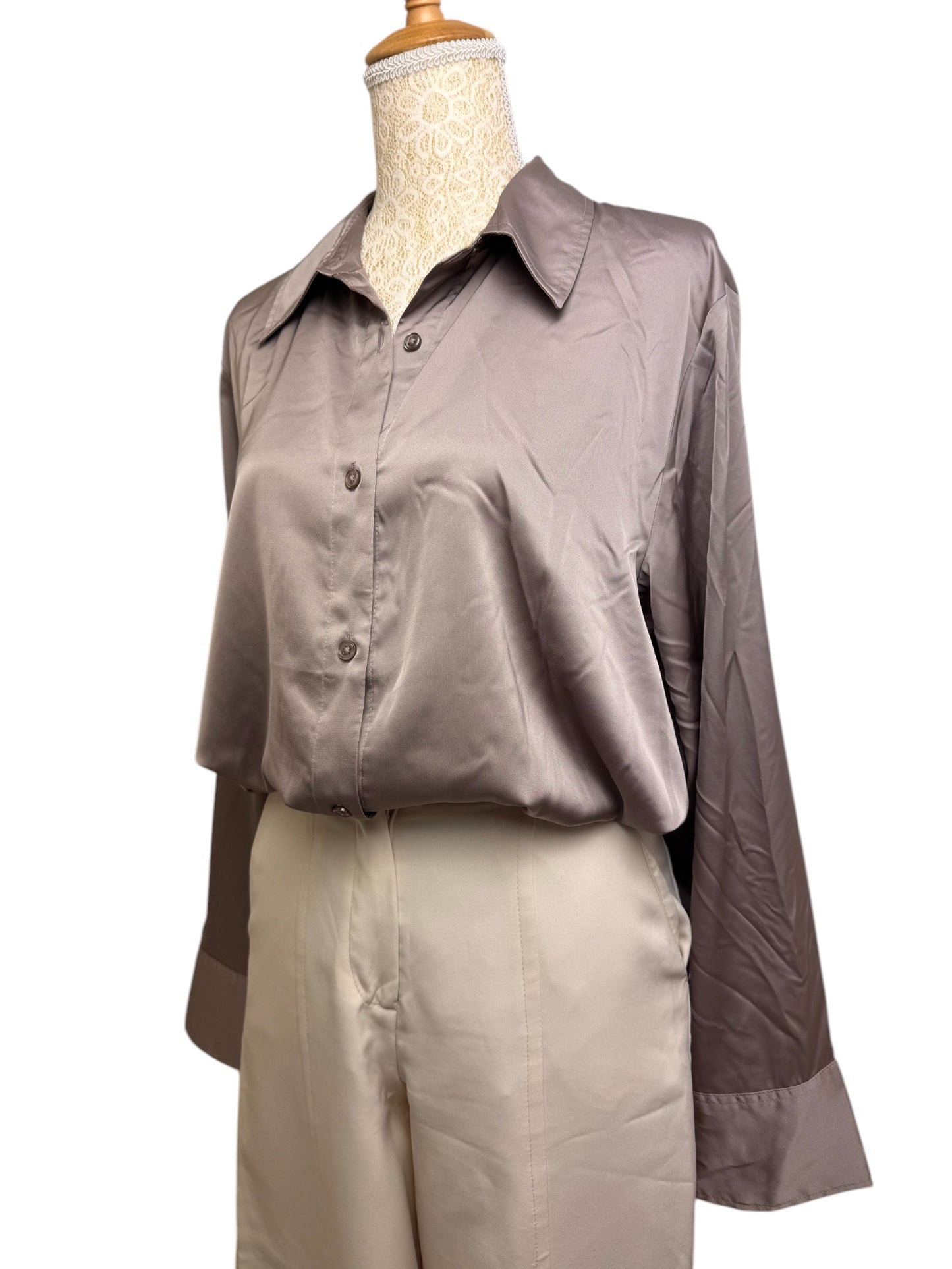 Brown Taupe Silk-Texture Shirt Top – Effortlessly Chic & Versatile