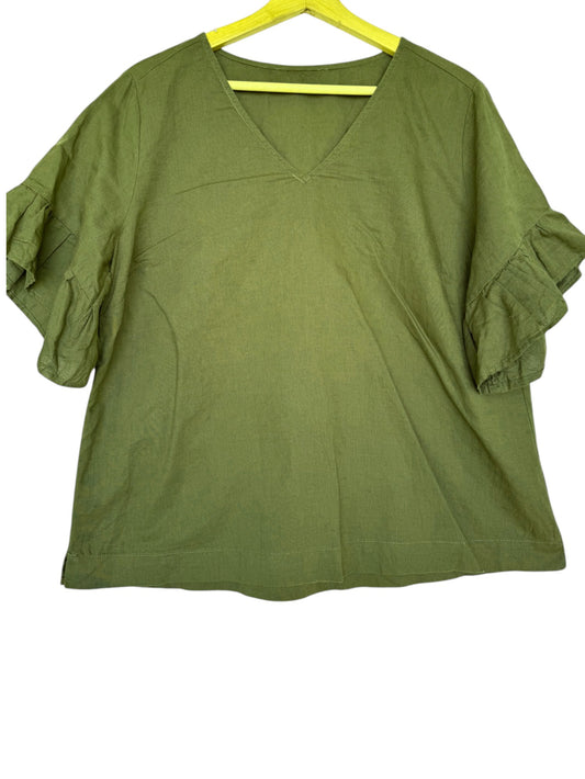 Dark Moss Green Boxy V-Neck Linen Top