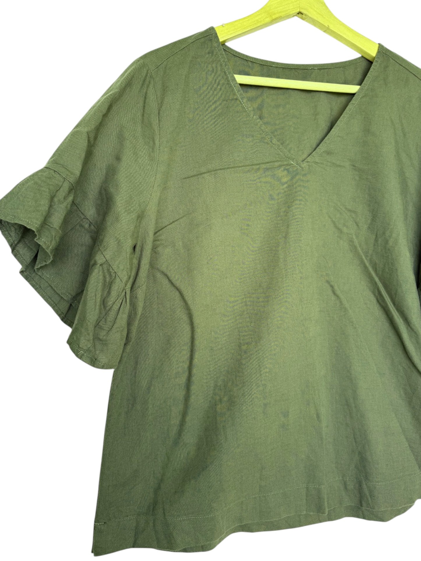 Dark Moss Green Boxy V-Neck Linen Top