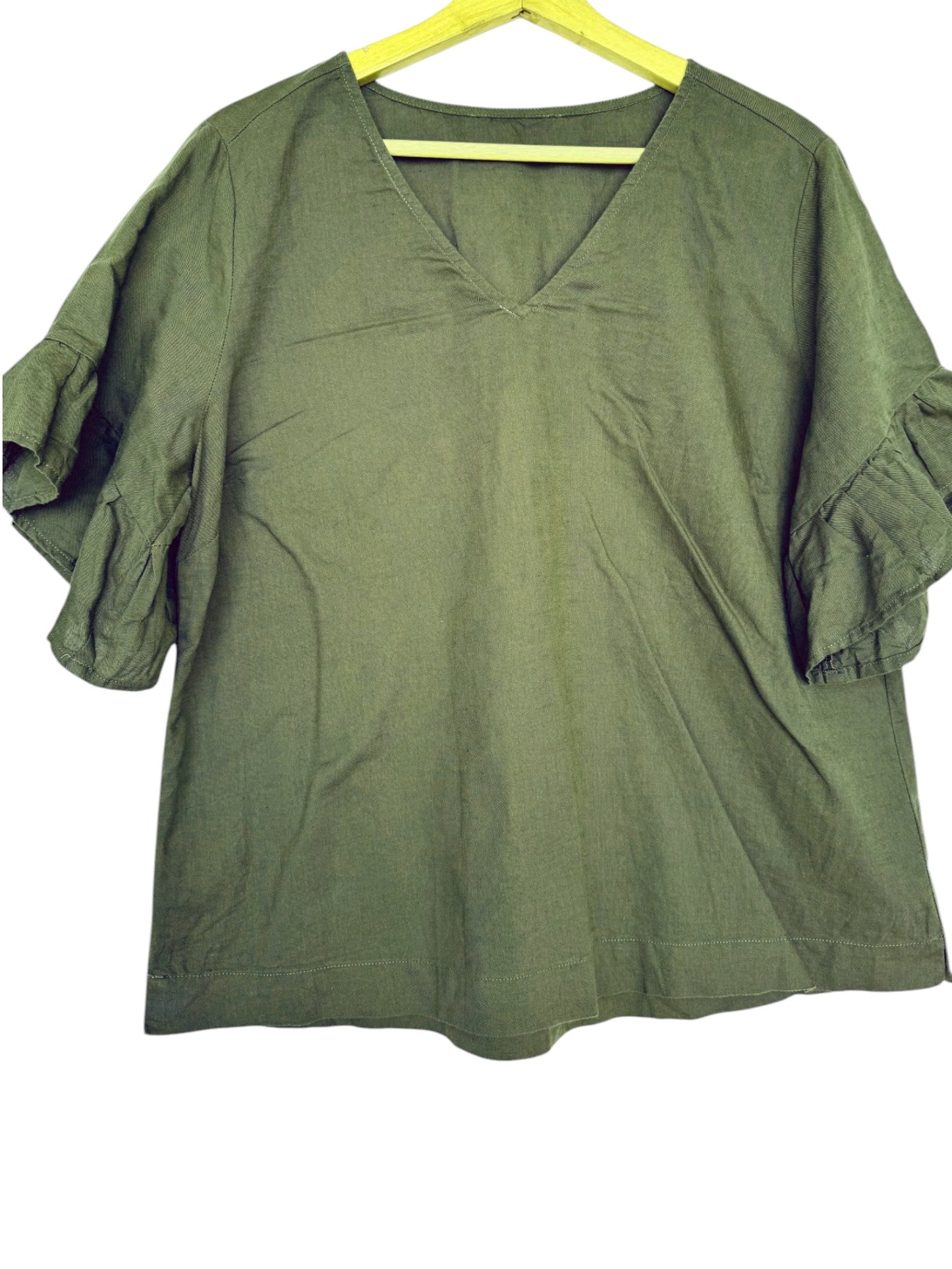 Dark Moss Green Boxy V-Neck Linen Top