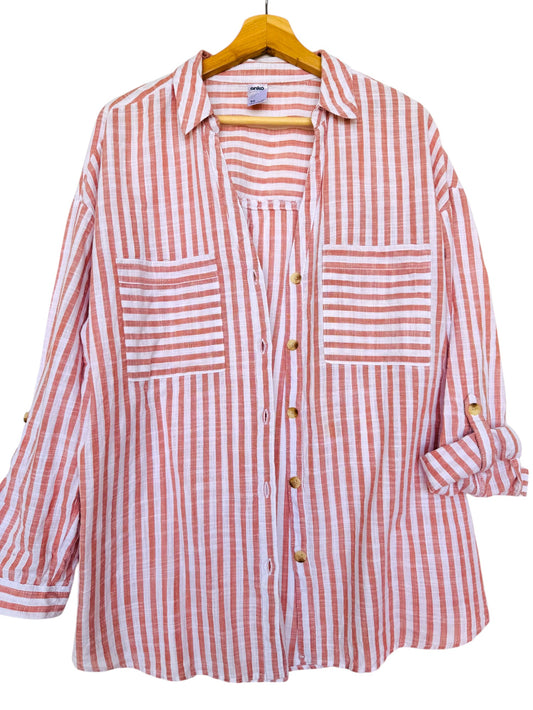 Brown & White Striped Button-Down Shirt – Effortless & Versatile