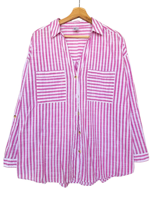 Pink & White Striped Button-Down Shirt – Effortless & Versatile