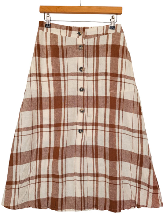 Brown & White Checked A-Line Button-Down Maxi Skirt