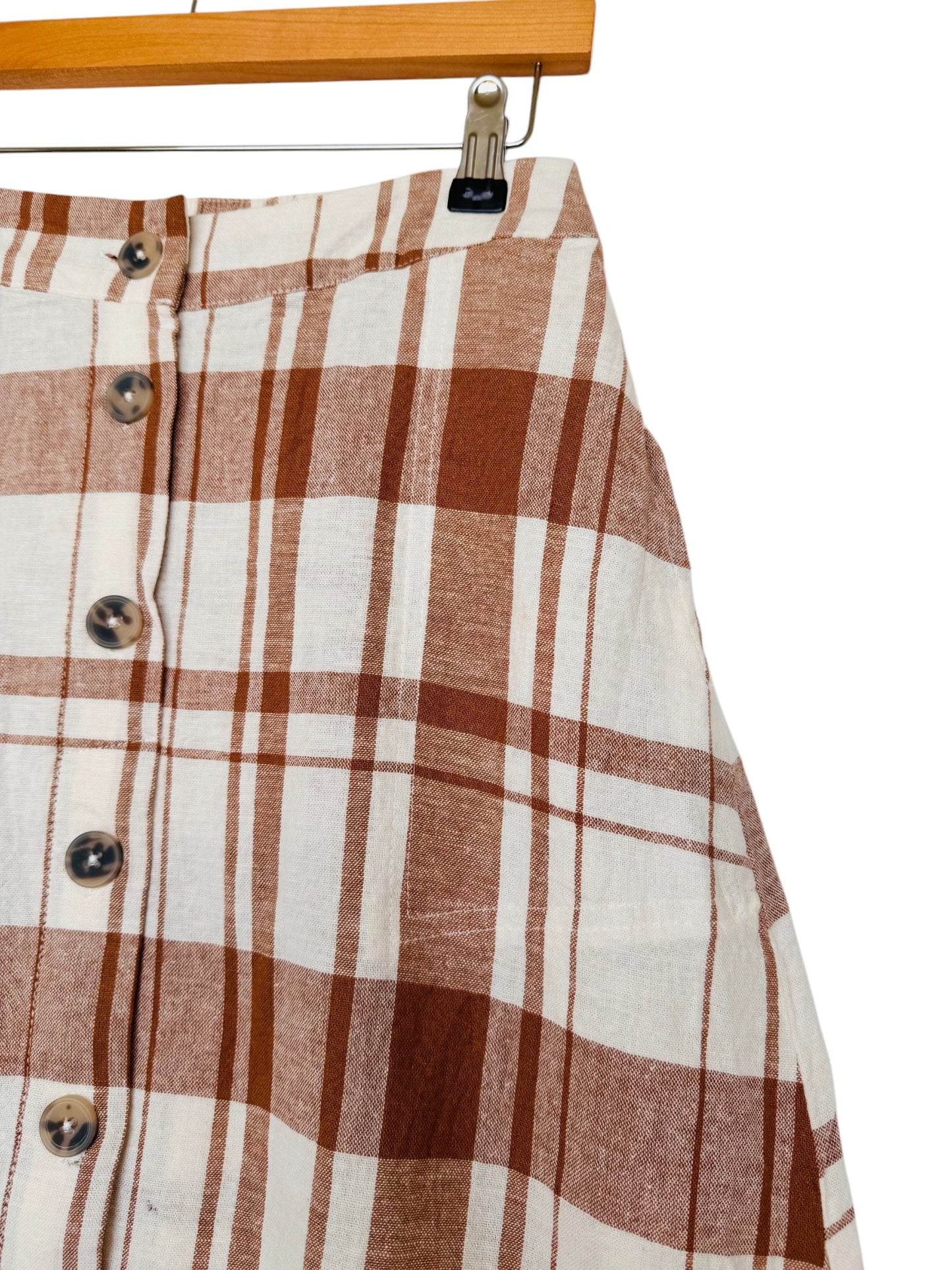 Brown & White Checked A-Line Button-Down Maxi Skirt
