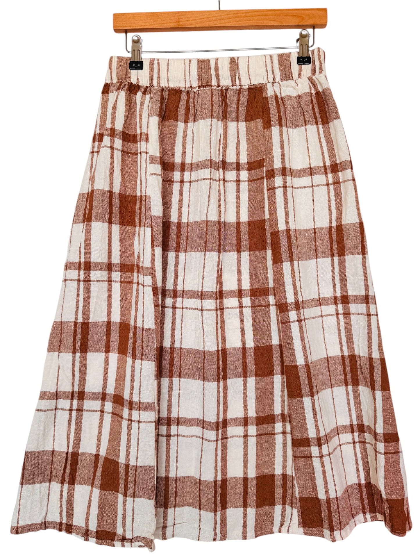 Brown & White Checked A-Line Button-Down Maxi Skirt