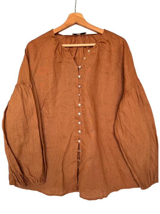 Linen Lantern Sleeve Button-Down Top | Preview