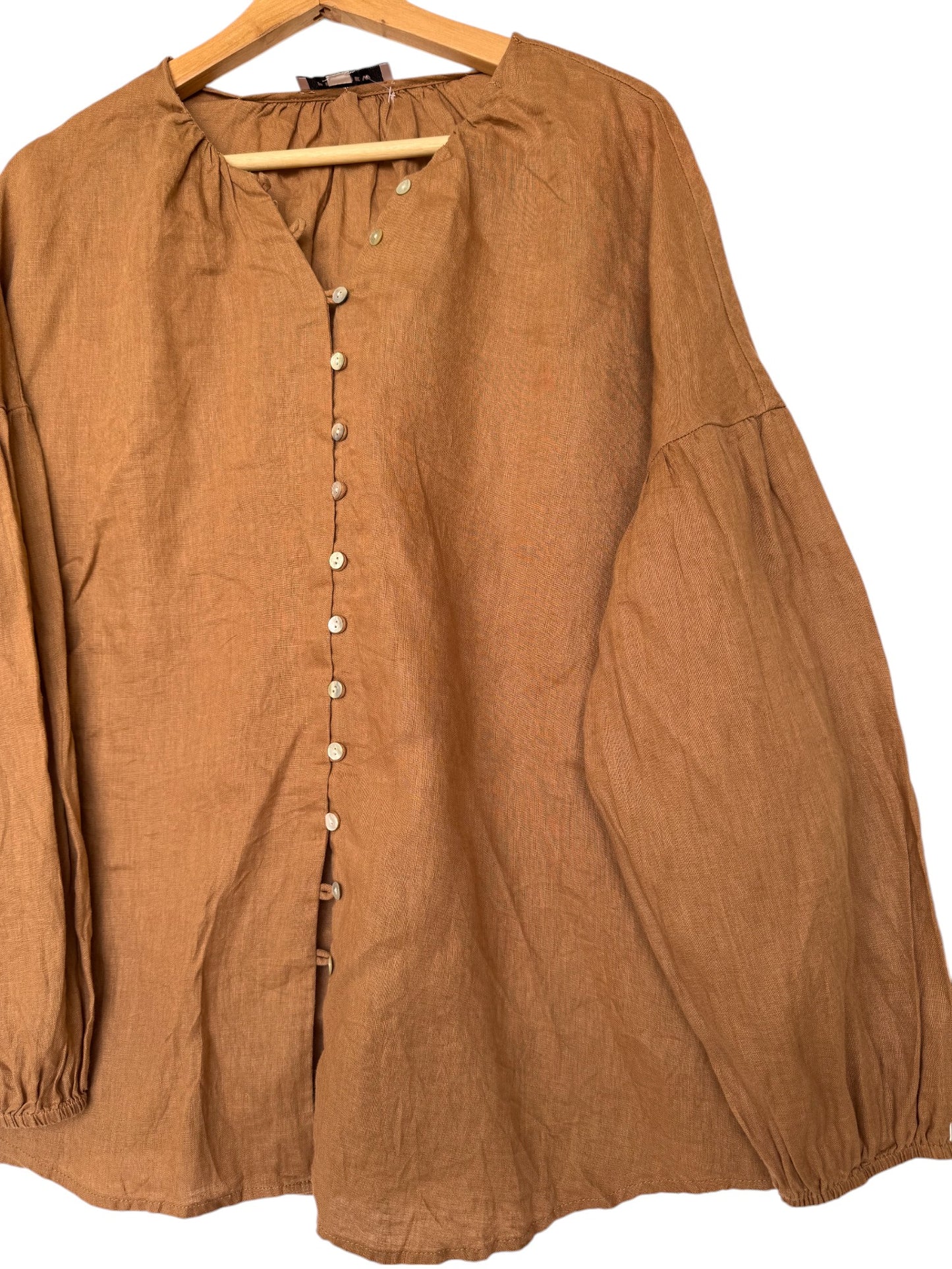 Linen Lantern Sleeve Button-Down Top | Preview