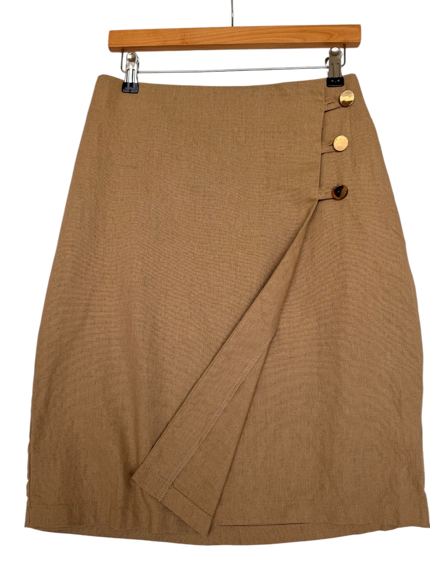 Timeless Camel Brown Cotton-Linen Midi Pencil Skirt