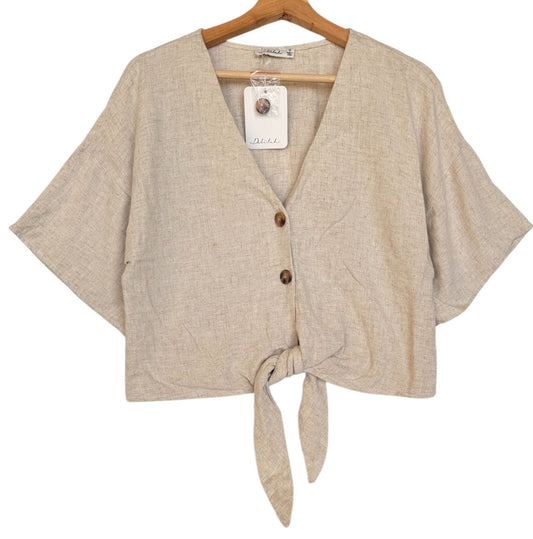 Delilah Button-Down Knot Oat Linen Top