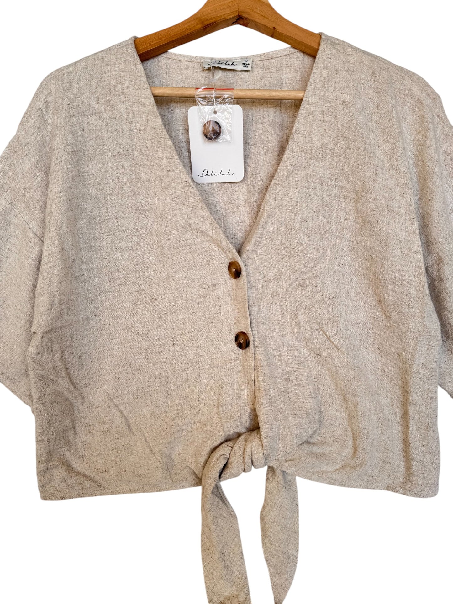 Delilah Button-Down Knot Oat Linen Top
