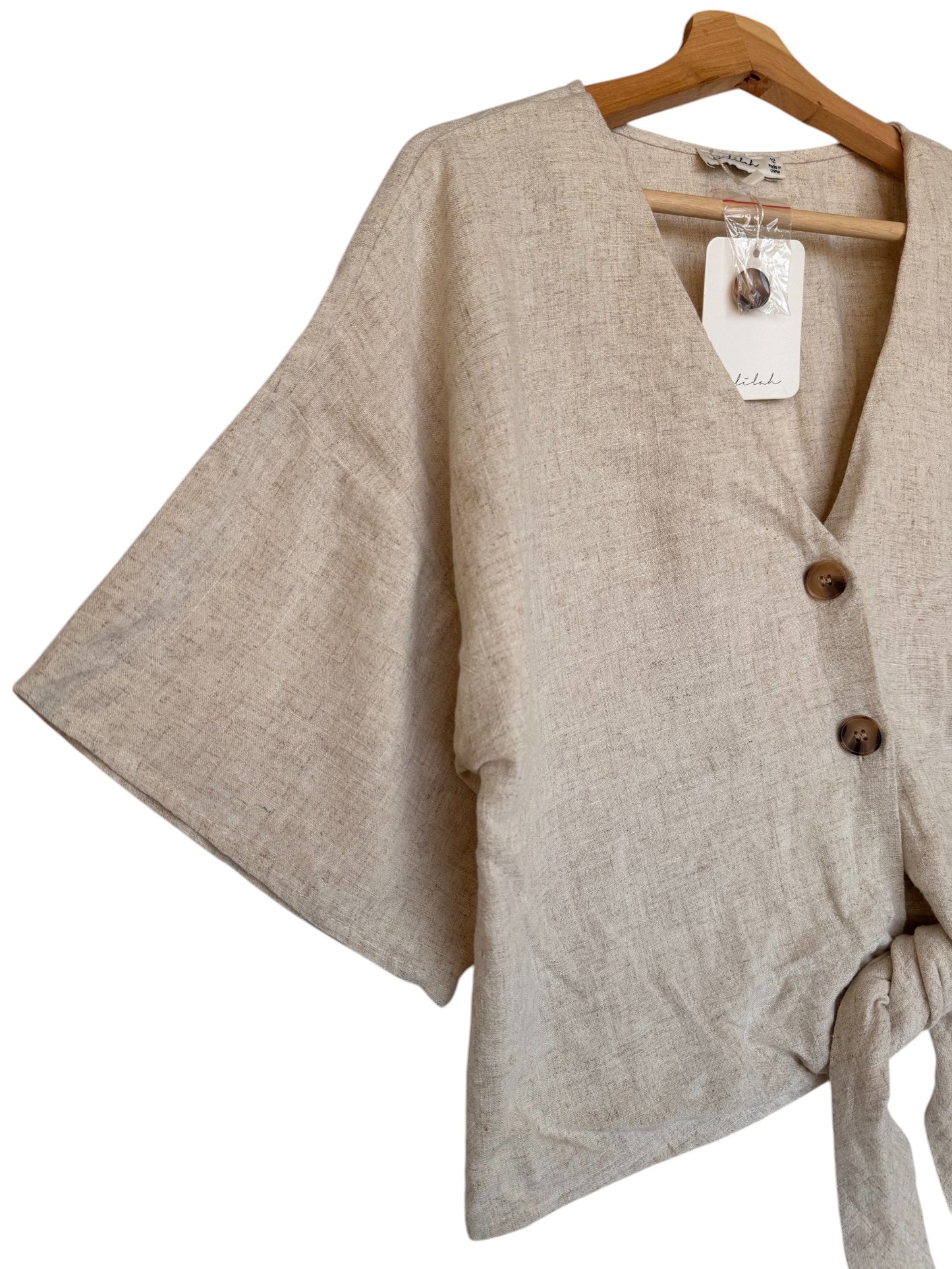 Delilah Button-Down Knot Oat Linen Top