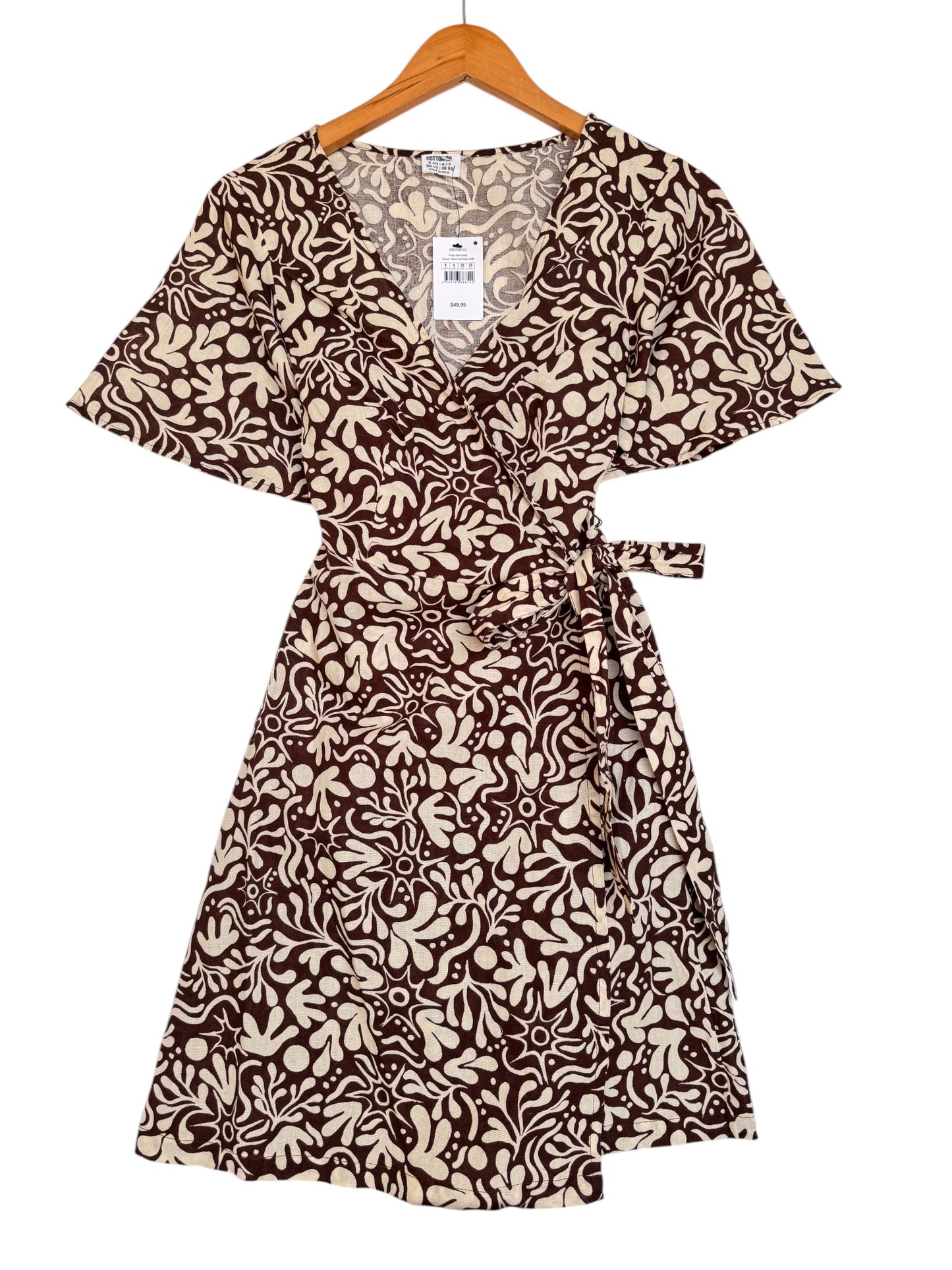 Dark Brown Floral Cotton Linen Wrap-Around Dress – Chic & Breathable
