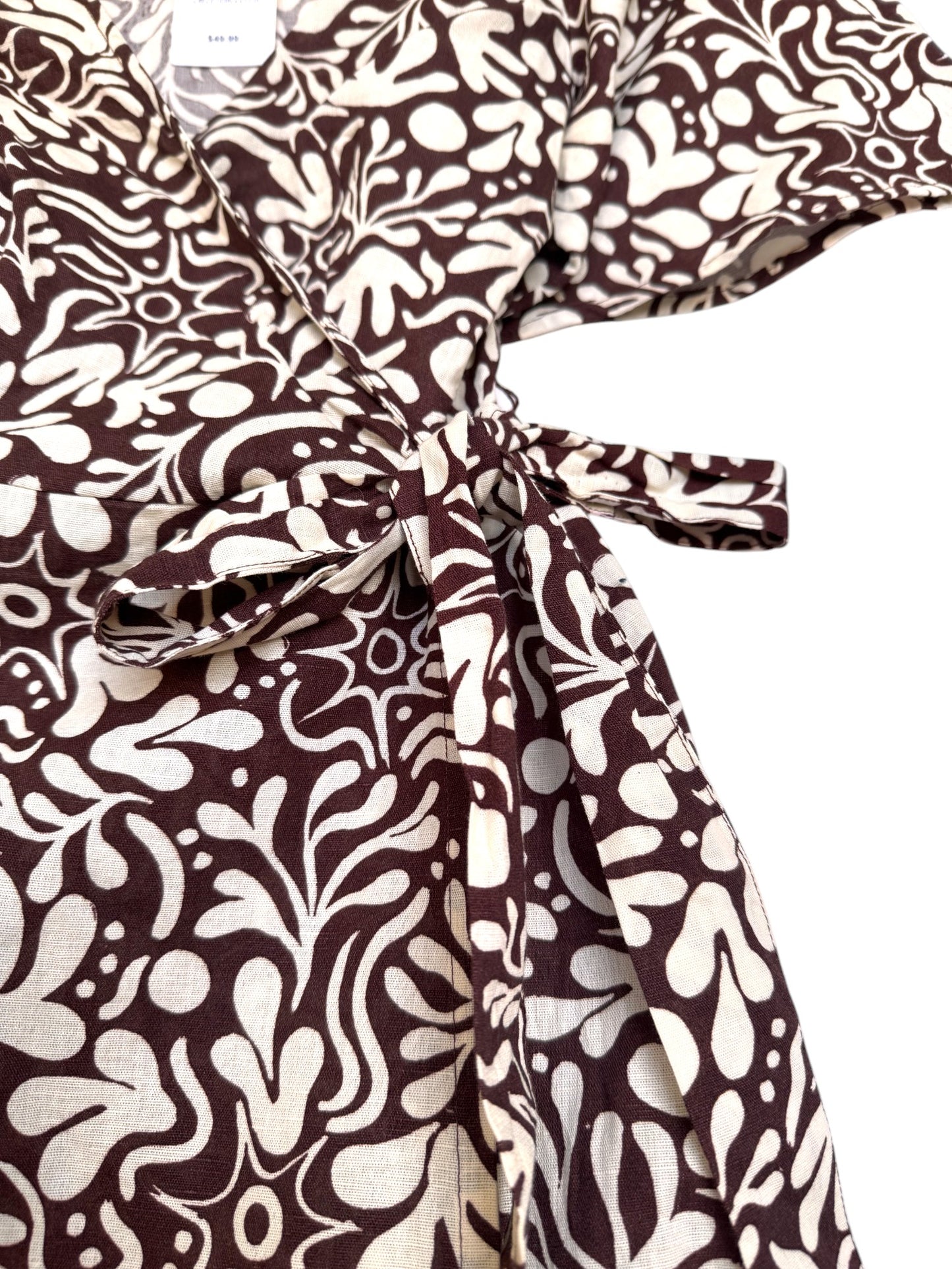 Dark Brown Floral Cotton Linen Wrap-Around Dress – Chic & Breathable