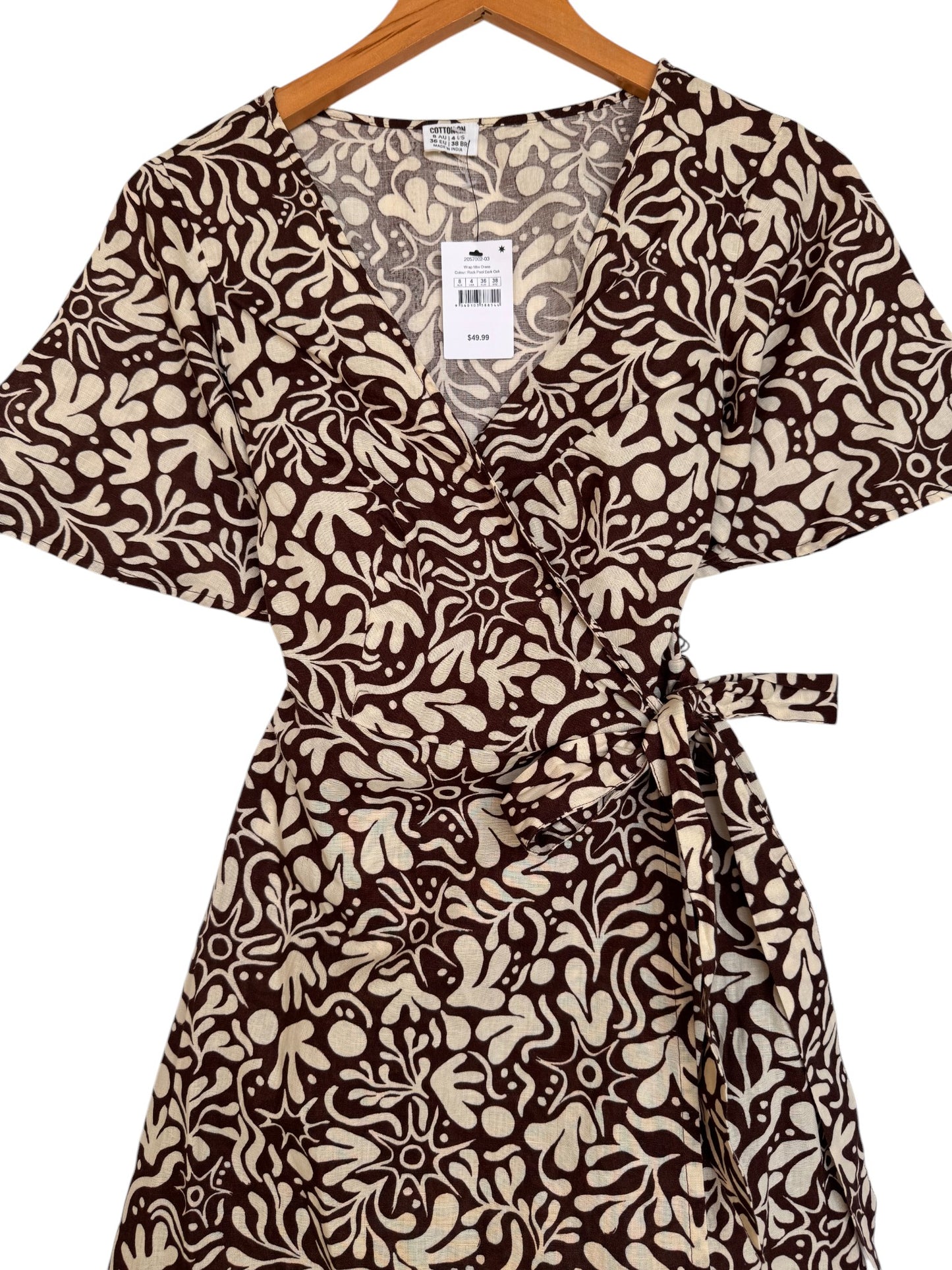 Dark Brown Floral Cotton Linen Wrap-Around Dress – Chic & Breathable