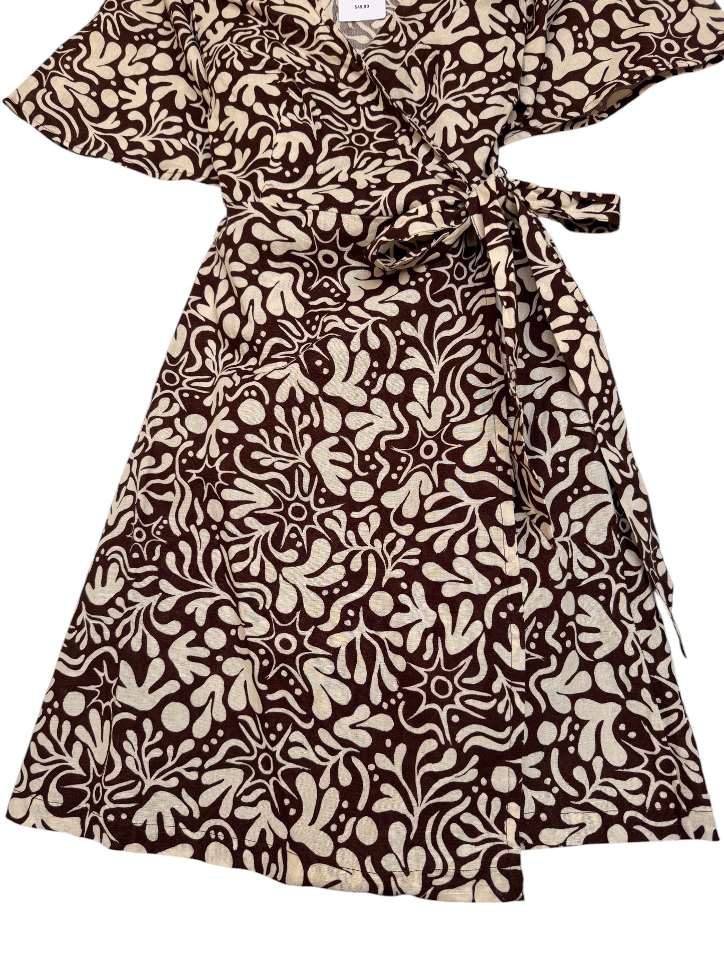 Dark Brown Floral Cotton Linen Wrap-Around Dress – Chic & Breathable