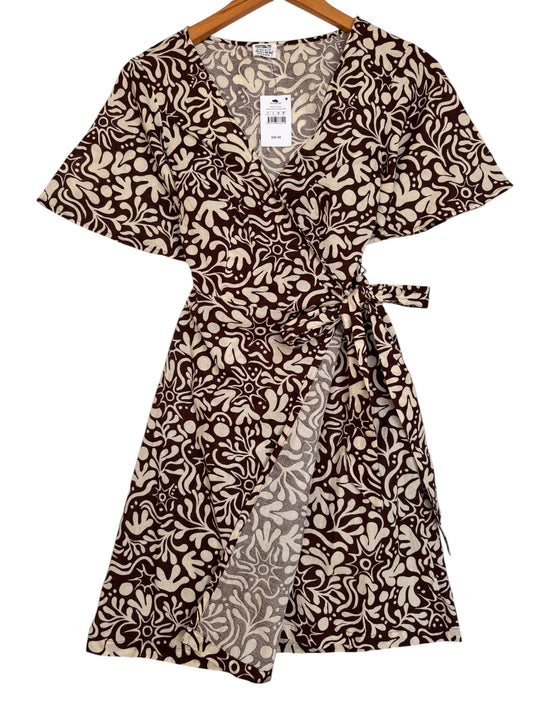 Dark Brown Floral Cotton Linen Wrap-Around Dress – Chic & Breathable