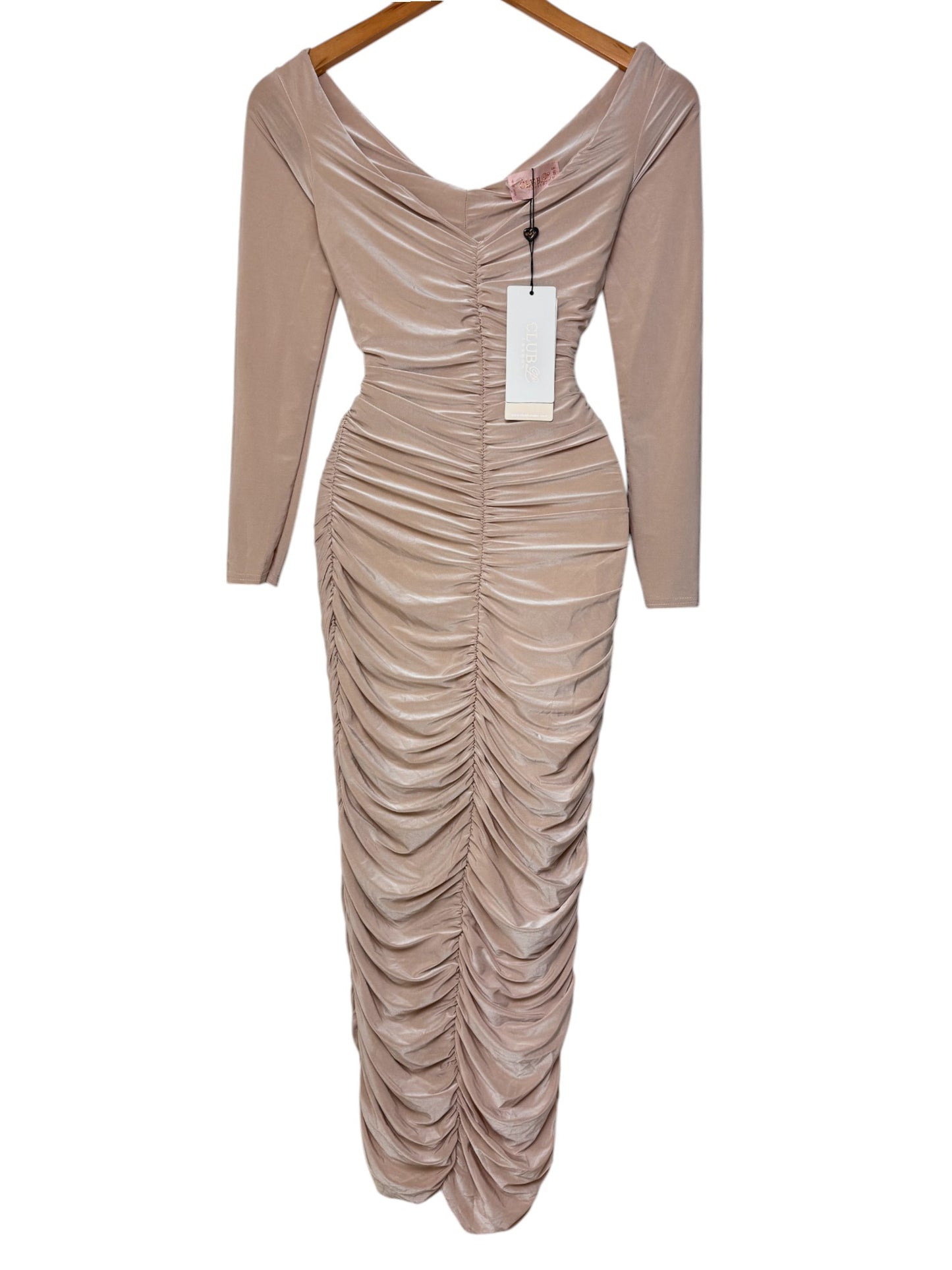 Metallic Champagne Satin Ruched Bodycon Midi Dress – Luxe & Sultry