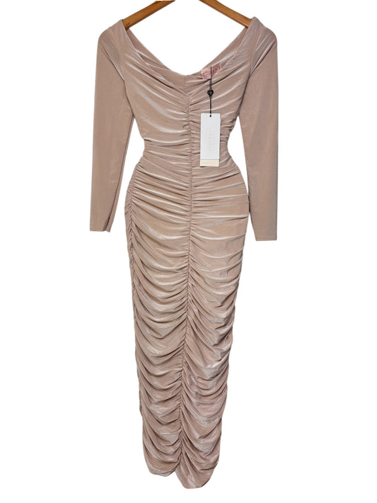Metallic Champagne Satin Ruched Bodycon Midi Dress – Luxe & Sultry